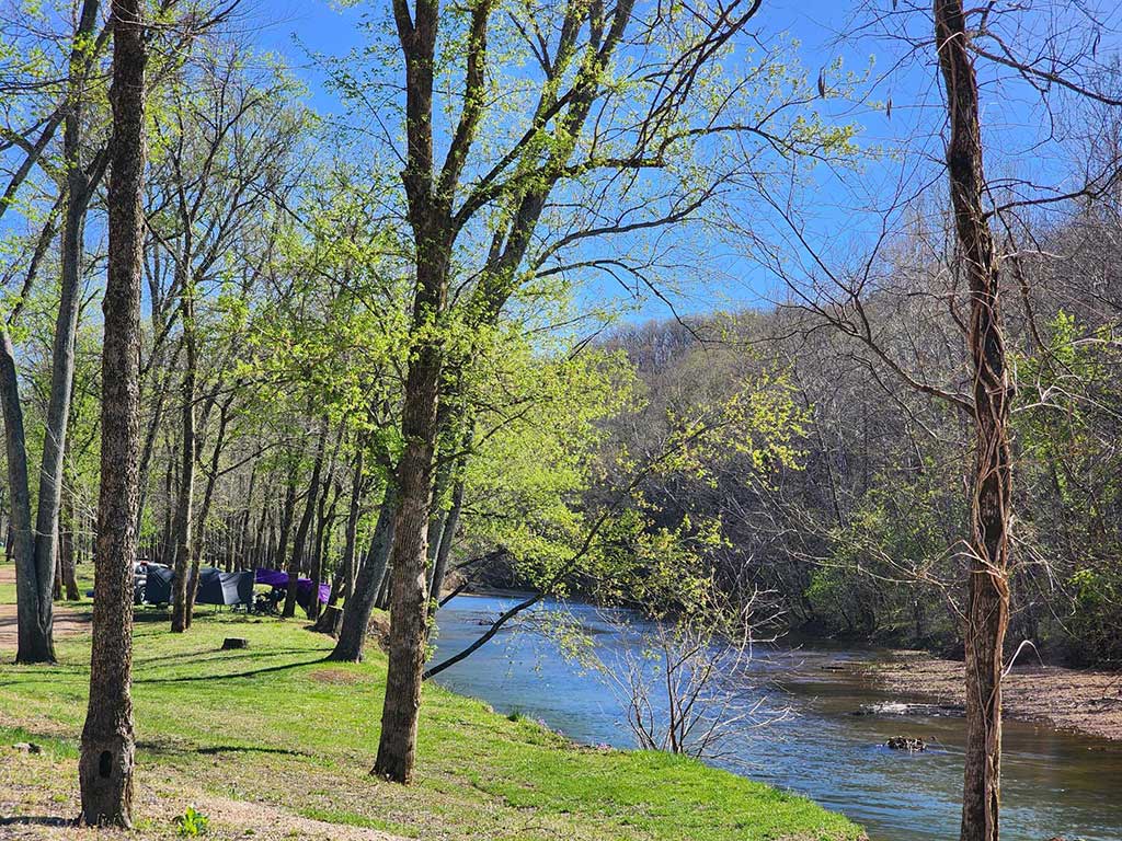 A clear, shallow river flows through a grassy area lined with tall, leafy trees under a bright blue sky. Tents and campers are visible among the trees on the riverbank.