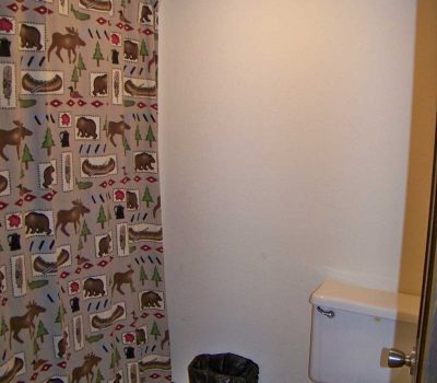 A bathroom with a forest-themed shower curtain featuring wildlife patterns, a white toilet, a small black trash can, and light-colored wooden flooring. The walls are plain and light-colored.