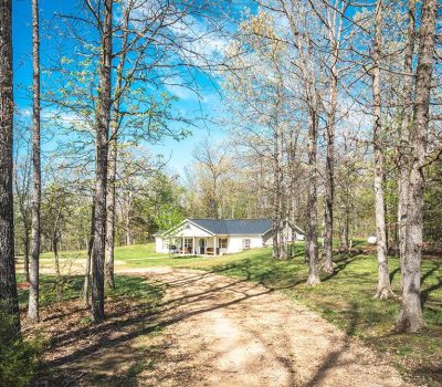 A small white house with a porch sits at the end of a dirt driveway, surrounded by tall, leafless trees and green grass under a bright blue sky with scattered clouds.