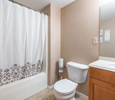 A bathroom with a white bathtub and patterned shower curtain, a toilet with a toilet paper holder, a wooden vanity with a sink, a large mirror, and light-colored tiled flooring.