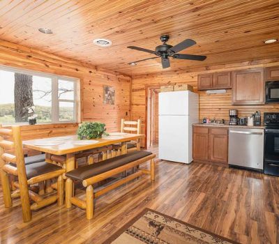 A cozy cabin kitchen with wood-paneled walls and ceiling, a dining table with benches, a refrigerator, stove, microwave, and a ceiling fan. Outside the window, green fields and trees are visible.