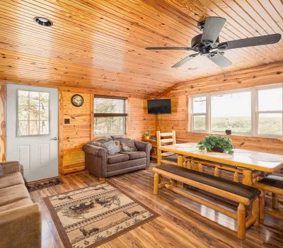 Cozy wooden cabin interior with two sofas, a decorative rug, a dining table with benches, a wall-mounted TV, large windows, and a ceiling fan, all surrounded by warm, natural wood paneling.