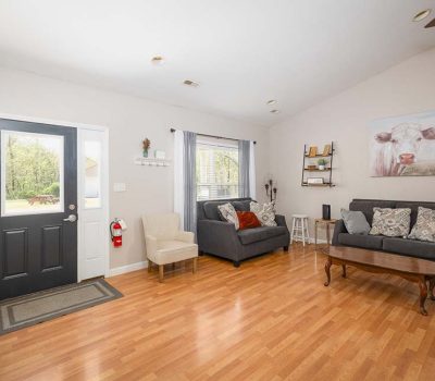 Bright living room with light wood floors, gray and beige furniture, a dark front door, wall art of a cow, large windows with gray curtains, and a wooden coffee table. A fire extinguisher is mounted near the entrance.