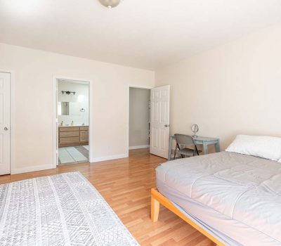 Spacious bedroom with light wood flooring, a bed with gray bedding, a patterned gray and white rug, a small desk and chair, and an open doorway leading to a bathroom with a double sink.