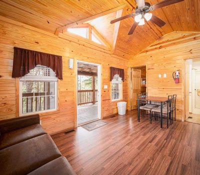 Cozy cabin interior with wooden walls and ceiling, ceiling fan, couch, dining table with chairs, windows with brown curtains, and a view of the porch through the glass door. A refrigerator and trash can are also visible.
