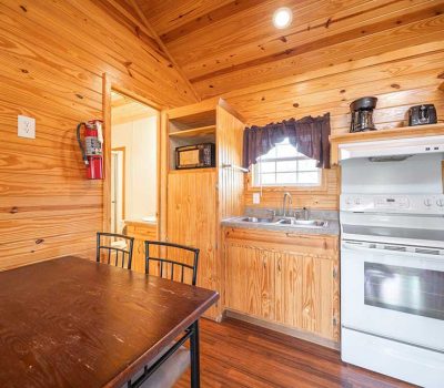 Small rustic kitchen with wooden walls and ceiling, a white stove, sink, coffee maker, and microwave. There is a dark wooden dining table with chairs, and a fire extinguisher mounted on the wall.