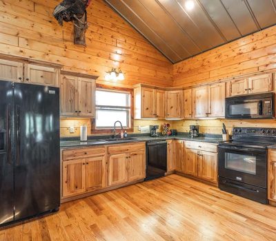 A rustic kitchen with wooden cabinets and walls, black appliances including a refrigerator, oven, microwave, and dishwasher, and a vaulted ceiling with metal panels.