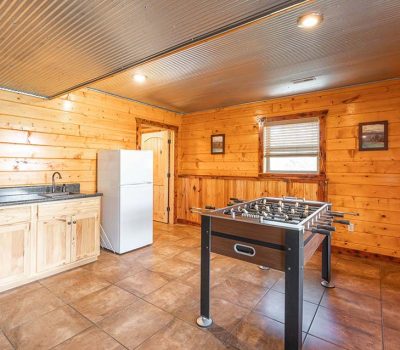 A bright, wood-paneled room with a tiled floor features a foosball table, a white refrigerator, a sink with cabinets, two small windows, and a corrugated metal ceiling.