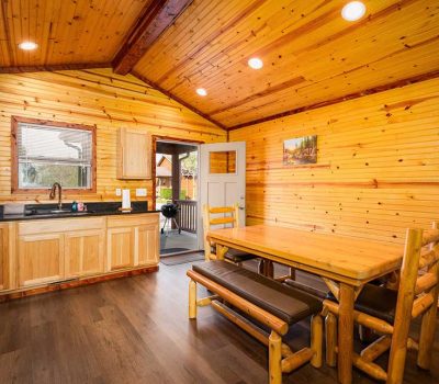 Cozy kitchen and dining area with wood-paneled walls and ceiling, wooden table with bench and chairs, stainless steel fridge, and window letting in natural light. A door opens to a porch outside.
