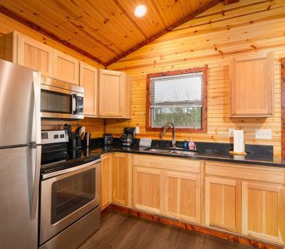 A cozy kitchen with wood-paneled walls and ceiling, stainless steel appliances, a sink under a window, black countertops, and light wood cabinets. A grill is visible outside through the open door.