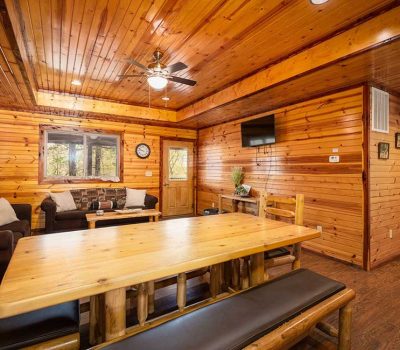 A cozy cabin interior with wood-paneled walls and ceiling, a wooden dining table with benches, a sofa, a wall-mounted TV, and a window showing trees outside. Warm lighting creates a welcoming atmosphere.