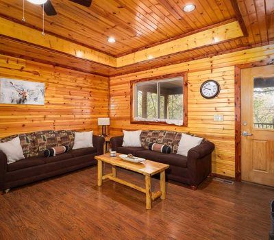 A cozy cabin living room with wood-paneled walls and ceiling, two brown sofas with patterned cushions, a wooden coffee table, a wall clock, an artwork of a deer, and a window and door showing trees outside.