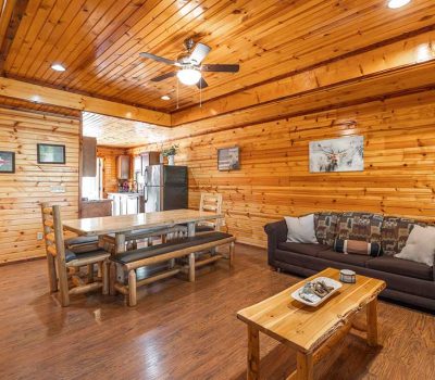 A cozy cabin interior with wooden walls and ceiling features a dining table with benches, two sofas, a wooden coffee table, and an open kitchen with stainless steel appliances. Decor and warm lighting create a rustic feel.