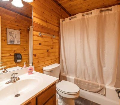 A cozy bathroom with wooden walls, a white sink and countertop, a toilet, and a bathtub with a white shower curtain. A towel hangs on the tub, and soap, flowers, and a framed picture decorate the space.