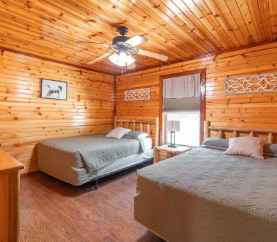 A cozy cabin bedroom with wood-paneled walls and ceiling, two queen beds with gray bedding, a ceiling fan with light, a dresser, a nightstand with a lamp, and a window with white blinds.