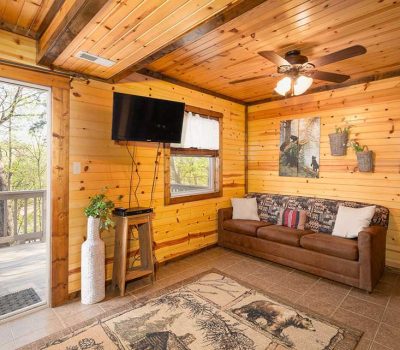 Cozy cabin living room with wood-paneled walls, a brown couch with pillows, a rug with forest designs, a wall-mounted TV, a ceiling fan, and a glass door leading to a deck with trees visible outside.