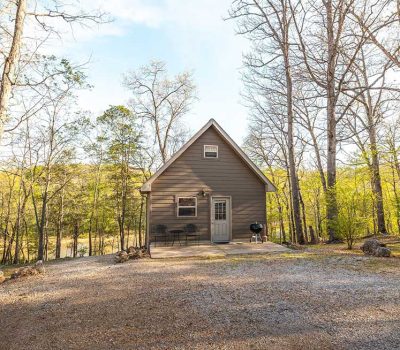 A small brown cabin with a steep roof sits among leafless trees on a gravel clearing, with a patio set and grill outside. The background includes dense forest under a sunny sky.