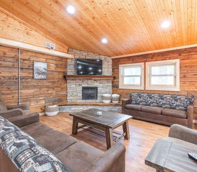 Cozy cabin living room with wood walls and ceiling, two sofas, armchair, stone fireplace with a TV above, coffee table, and large windows letting in natural light. Remote controls sit on a side table.