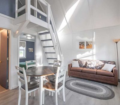 Bright, modern tiny house interior with a round dining table and chairs, a brown sofa, wall art, floor lamp, braided rug, and a loft accessible by a white ladder-style staircase. Sunlight streams through the windows.